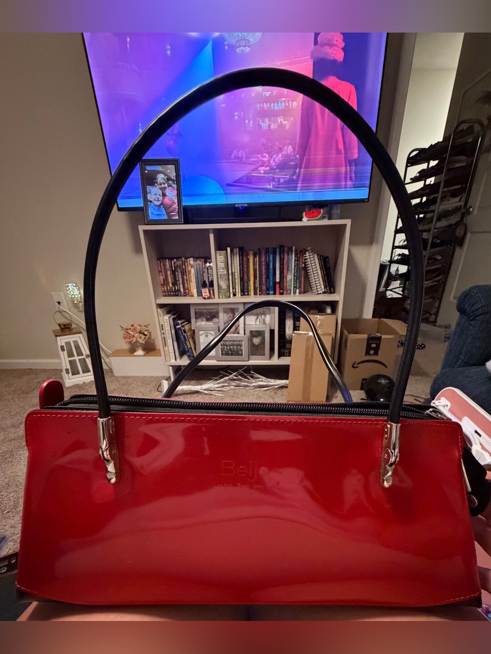 Beijo Red Metallic Patent Shoulder Bag with Black Handles
